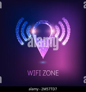 Futuristic glowing low polygonal GPS navigation symbol with wi-fi signals isolated on dark blue to purple background. Wifi zone location concept. Mode Stock Vector