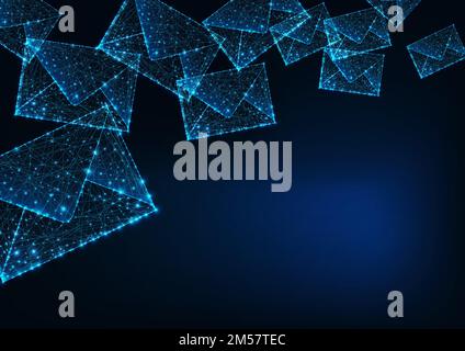 Futuristic glowing low polygonal mail envelopes made of lines, dots, light particles and copy space for text on dark blue background. Social media con Stock Vector