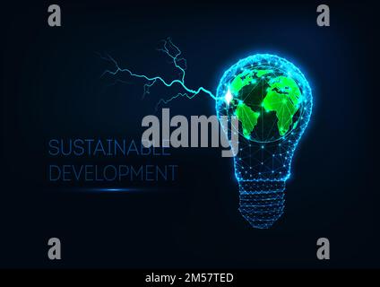 Futuristic sustainable energy innovative technologies concept with glowing low polygonal light bulb, green planet Earth map and lightning isolated on Stock Vector