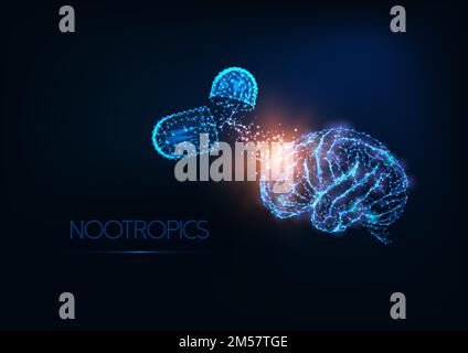 Futuristic gloving low polygonal human brain and medicines capsules on dark blue background. Antidepressants, nootropics, mental disease medicament co Stock Vector
