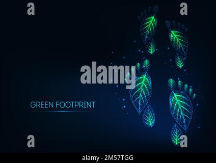 Futuristic glowing low polygonal green ecological footprints made of leaves on dark blue background. Environmentally friendly lifestyle concept. Moder Stock Vector