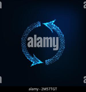Futuristic glowing low polygonal round recycling symbol made of lins, stars, light particles, dots isolated on dark blue background. Compostable, biod Stock Vector