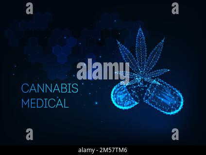 Futuristic medical cannabis treatment concept with glowing low polygonal marijuana leaf, capsule pill and abstract hexagonal background on dark blue. Stock Vector