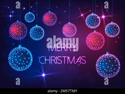 Merry Christmas greeting card template with futuristic glowing low polygonal Christmas balls, stars and text on dark blue and purple background. Moder Stock Vector