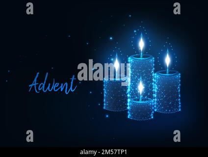 Futuristic Christmas Advent concept with glowing low polygonal burning candles with lights on dark blue background. Modern wire frame mesh design vect Stock Vector