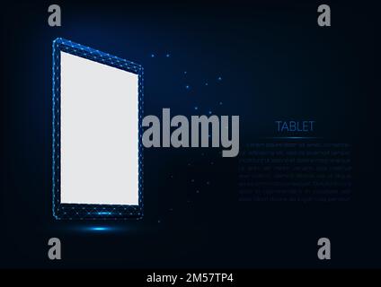 Futuristic glowing low polygonal vector tablet mockup with white screen with space for text on dark blue background. Web app presentation template. Mo Stock Vector