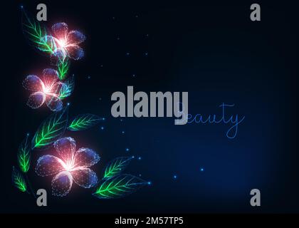 Beautiful futuristic floral web banner template with glowing low polygonal purple flowers, green leaves and copy space for text on dark blue backgroun Stock Vector