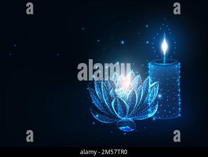 Futuristic spa, relaxation concept with glowing low polygonal lotus flower and burning candle and copy space for text on dark blue background. Modern Stock Vector