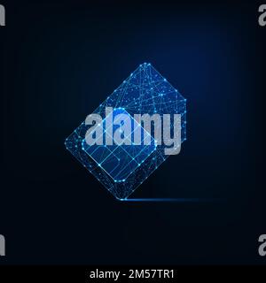 Futuristic glowing low polygonal sim card made of lines, light particles isolated on dark blue background. Telecommunication technologies concept. Mod Stock Vector