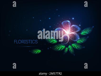 Futuristic glowing low polygonal Floristics, online flower shop concept with purple flower and green leaves on dark blue background. Modern wire frame Stock Vector