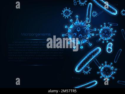 Futuristic immunology web banner template with glowing low polygonal virus and bacteria cells and copy space for text on dark blue background. Microbi Stock Vector