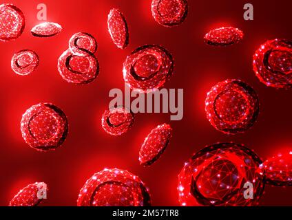 Futuristic glowing low polygonal red blood cells erythrocytes bloodstream on dark red background. Hematology, immunology concept. Modern wire frame me Stock Vector