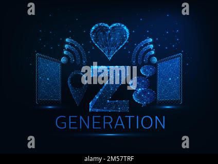 Futuristic generation Z concept with glowing low polygonal tablets, Wi-Fi, gps pin symbols, speech bubbles, heart shape on dark blue background. Moder Stock Vector