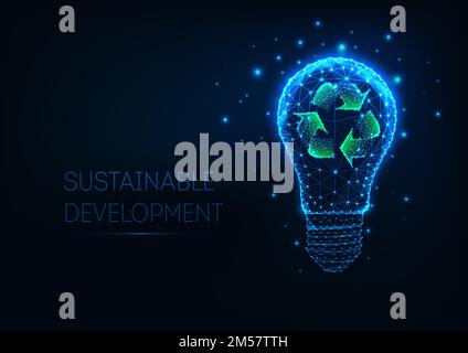 Futuristic sustainable development and technology concept with glowing low polygonal light bulb and recycle sign on dark blue background. Modern wire Stock Vector