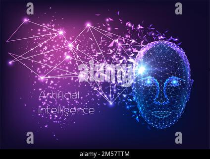 Futuristic artificial intelligence concept with glowing low polygonal human male face, lines, stars, light particles, triangles on dark blue to purple Stock Vector