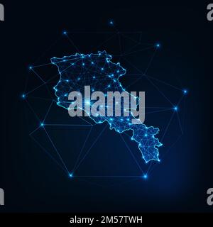 Armenia map glowing silhouette outline made of stars lines dots triangles, low polygonal shapes. Communication, internet technologies concept. Wirefra Stock Vector