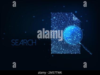 Futuristic document search, paperwork concept with glowing low polygonal magnifying glass and paper document isolated on dark blue background. Modern Stock Vector