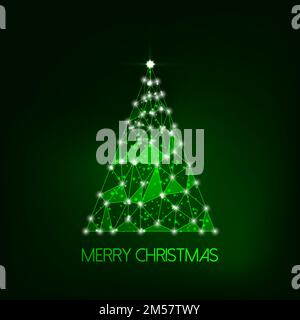 Futuristic glowing low polygonal Christmas tree made of lines, dots, light particles isolated on dark green background. Modern wire frame mesh design Stock Vector