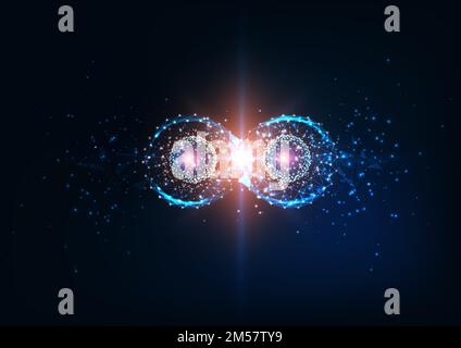 Futuristic glowing low polygonal infinity loop with atom coherence models. Quantum entanglement, future physics science concept. Modern wire frame mes Stock Vector