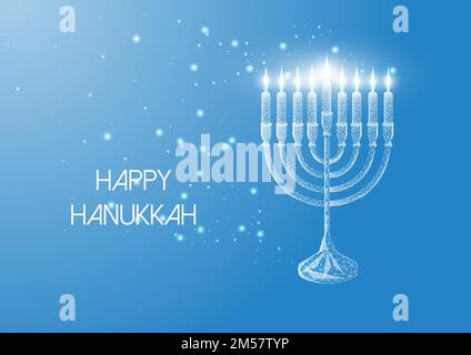 Happy Hanukkah greeting card template with glowing low polygonal menorah and burning candles on blue background. Modern wire frame mesh design vector Stock Vector