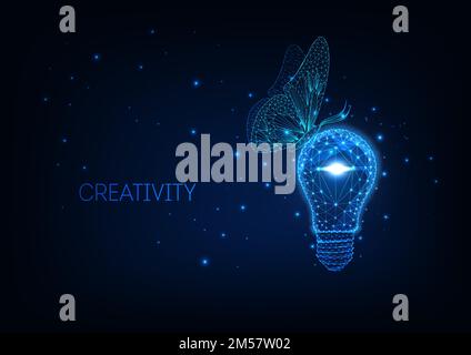 Futuristic ecologically friendly idea concept with glowing low polygonal light bulb and sitting butterfly on dark blue background. Modern wire frame m Stock Vector