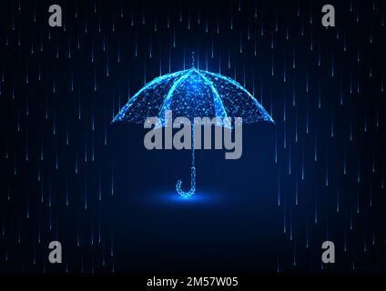 Futuristic protection concept with glowing low polygonal umbrella and rain shower on dark blue background. Modern wire frame mesh design vector illust Stock Vector