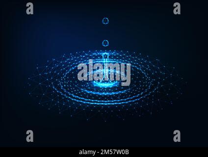 Futuristic glowing low polygonal falling water drops and water circle ripples on dark blue background. Refreshing, pure natural spring water concept. Stock Vector