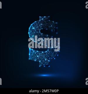 Futuristic glowing low polygonal dollar sign made of lines, stars, dots, light particles isolated on dark blue background. Finances concept. Modern wi Stock Vector