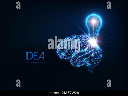 Futuristic glowing low polygonal idea, brainstorming concept with human brain and illuminated electric light bulb isolated on dark blue background. Mo Stock Vector