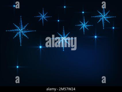 Starry sky with glowing nativity stars and lights and copy space for text web banner template for Christmas on dark blue background. Modern wire frame Stock Vector