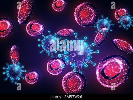 Futuristic viral infection concept with glowing low polygonal influenza virus cells and erythrocytes in blood stream on dark blue background. Modern w Stock Vector