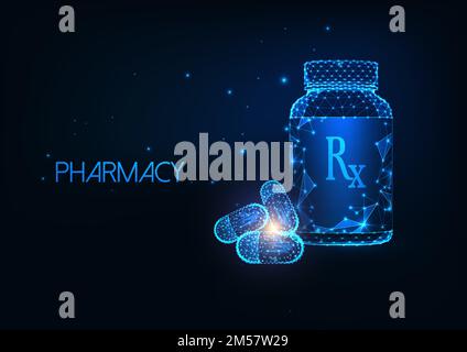 Futuristic Pharmacy concept with glowing low polygonal medicament container and capsule pills isolated on dark blue background. Modern wire frame mesh Stock Vector