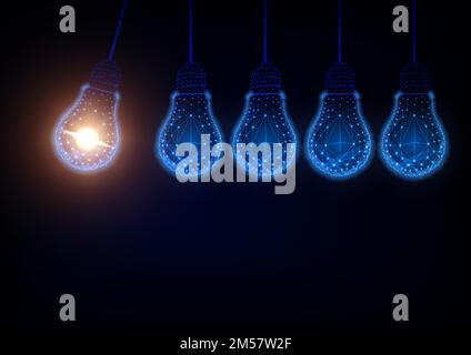 Futuristic idea, innovation, creative solution concept with glowing low polygonal light bulbs forming Newton cradle pendulum on dark blue background. Stock Vector
