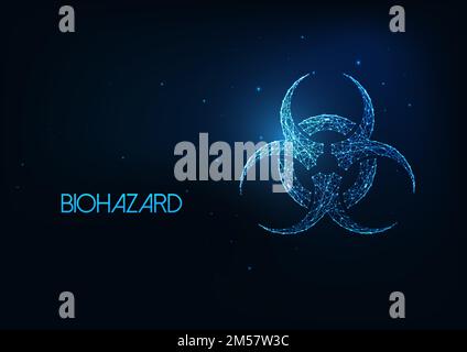 Futuristic glowing low polygonal biohazard symbol made of lines, dots, stars, light particles isolated on dark blue background. modern wire frame mesh Stock Vector