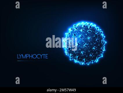 Futuristic immunology concept with glowing low polygonal human lymphocyte white blood cell or cancer cell on dark blue background. Oncology, hematolog Stock Vector
