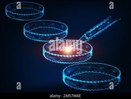 Futuristic medicine research concept with glowing low polygonal Petri dishes and laboratory pipette on dark blue background. Science abstract banner. Stock Vector