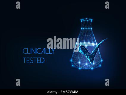 Futuristic clinically tested concept with glowing low polygonal laboratory Erlenmeyer flask and approved checkmark isolated on dark blue background. M Stock Vector