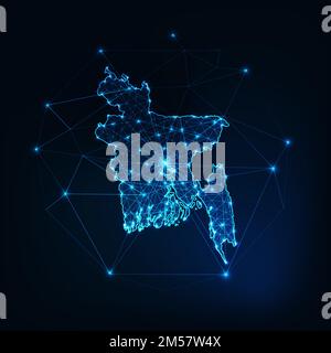 Bangladesh map glowing silhouette outline made of stars lines dots triangles, low polygonal shapes. Communication, internet technologies concept. Wire Stock Vector