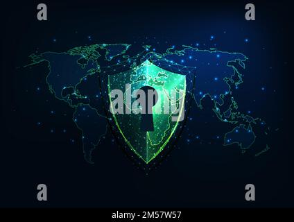 Futuristic cyber security concept with glowing low polygonal digital shield with access and world map on dark blue background. Modern wire frame mesh Stock Vector