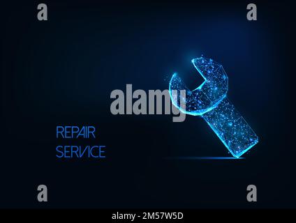 Futuristic repair service concept with glowing low polygonal wrench tool symbol isolated on dark blue background. Modern wire frame mesh design vector Stock Vector