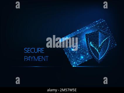Futuristic secure payment concept with glowing low polygonal credit card, protection shield and approval mark on dark blue background. Modern wire fra Stock Vector