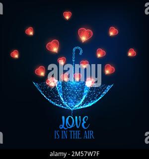 Futuristic Valentines Day greeting card with glowing low polygonal red hearts falling into open umbrella on dark blue background. Modern wire frame me Stock Vector