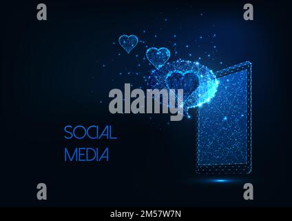 Futuristic social media, microblogging, following concept with glowing low polygonal smartphone, message and hearts on dark blue background. Modern wi Stock Vector