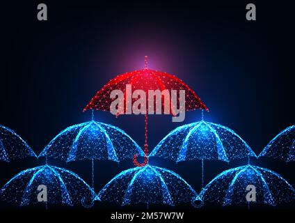Futuristic uniqueness, leadership, stand out concept with glowing low polygonal red umbrella in a crowd of blue umbrellas on dark blue background. Mod Stock Vector