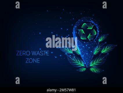 Futuristic zero waste zone concept with glowing low polygonal location marker, recycling sign and green leaves on dark blue background. Sustainable ec Stock Vector