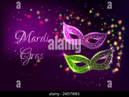 Futuristic Mardi Gras web banner with glowing low polygonal masquerade masks and stars on dark purple background. Modern wire frame mesh design vector Stock Vector