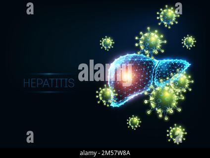 Futuristic hepatitis infectious disease concept with glowing low polygonal human liver with virus cells on dark blue background. Medical research. Mod Stock Vector