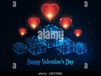 Happy Valentines day greeting card template with glowing low polygonal red hearts and gift boxes on dark blue background. Modern wire frame mesh desig Stock Vector