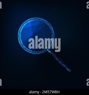 Futuristic glowing low polygonal magnifying glass icon made of lines, stars, dots, light particles, triangles isolated on dark blue background. Modern Stock Vector