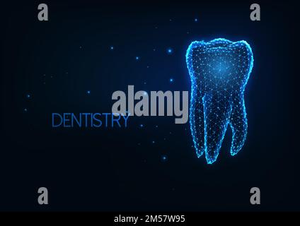 Futuristic glowing low polygonal human molar tooth isolated on dark blue background. Dentistry, teeth care concept. Modern wire frame mesh design vect Stock Vector